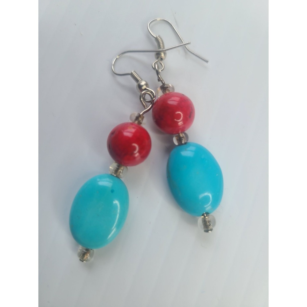 Faux Turquoise  Coral Dangle Earrings Beaded Hook - Picture 2 of 3